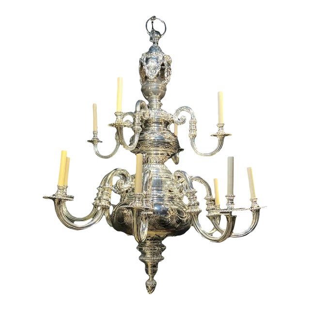 1900 Caldwell Large Silver Plated Engraved Chandelier 12 Lights For Sale