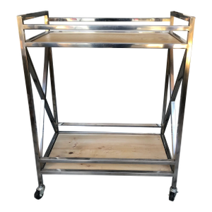 Modern Style Nickel Bar Cart on Rollers With Two Wood Grain Shelves