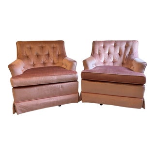 Drexel Heritage Rose Velvet Pair of Club Chairs With Tufted Barrel Back For Sale
