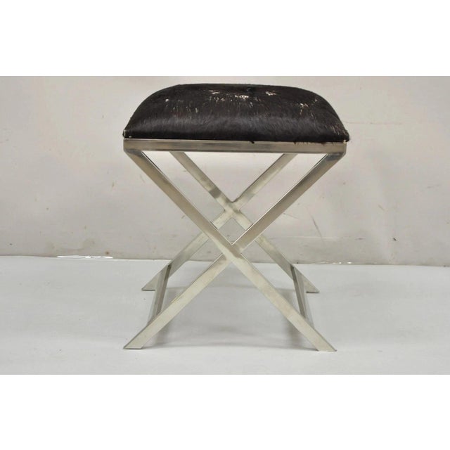 Contemporary Modern Chrome Frame X-Form Metal Stool with Cowhide Upholstery. Item features cowhide upholstery (with...
