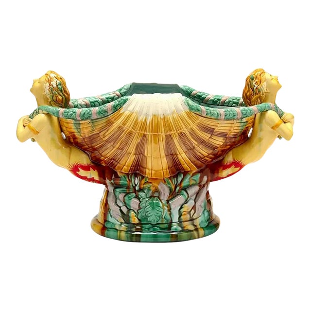 Large Majolica Sea Shell Centerpiece Bowl With Mermaid Caryatids After a Minton Design For Sale