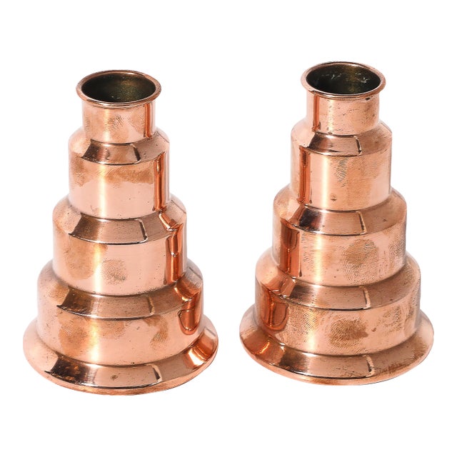 Art Deco Machine Age Skyscraper Style Candleholders in Copper Signed Revere For Sale