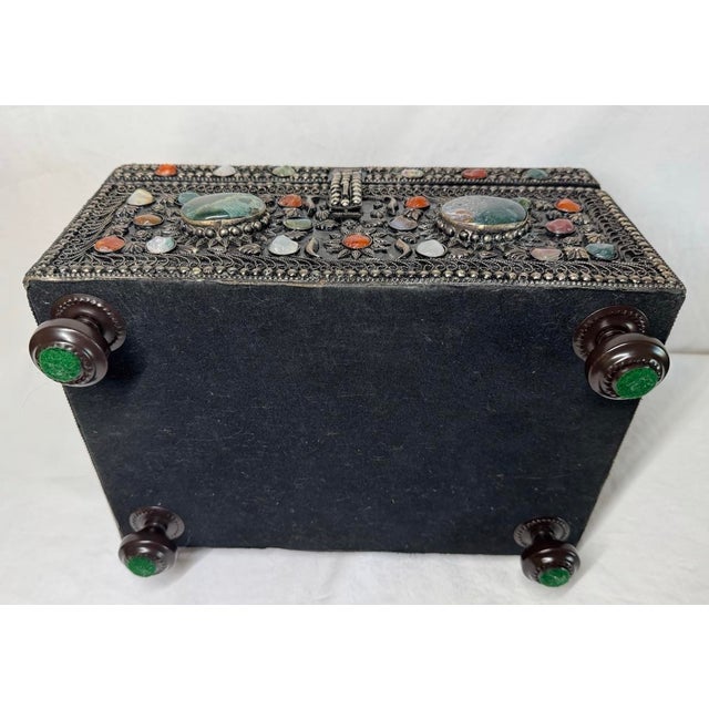 Vintage Moorish Agate Inlaid Silver Filigree Trinket Box Treasure Chest For Sale - Image 11 of 12