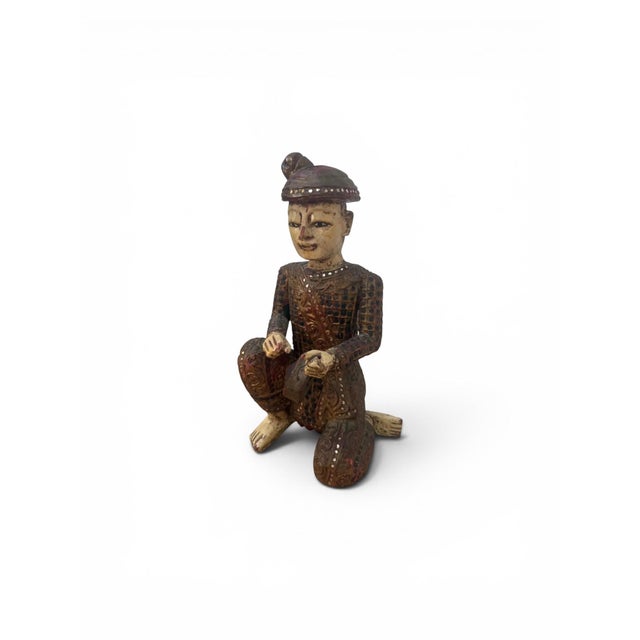 Chinese Early 20th Century Hand-Carved Chinese Wooden Figural Sculpture of Seated Musician With Tambourine-Style Instrument For Sale - Image 3 of 12