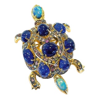 Bochic "Orient" Vintage Opal & Blue Sapphire Turtle Brooch 18K Gold & Silver For Sale