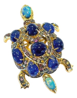 Bochic "Orient" Vintage Opal & Blue Sapphire Turtle Brooch 18K Gold & Silver