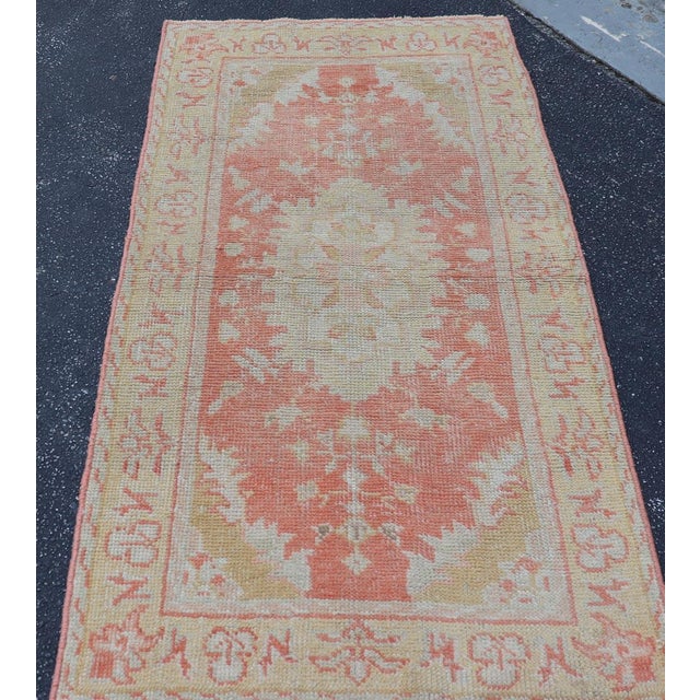 Antique Turkish Oushak Rug With Floral Motifs and Coral Background For Sale - Image 4 of 12