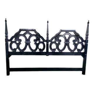 Vintage Black Gloss Hollywood Regency Dorothy Draper Pagoda Style King Headboard For Sale