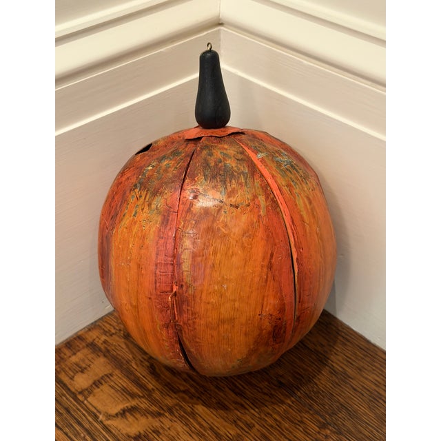 Wonderful and unusual vintage painted metal pumpkin head lantern on wooden pole to add character to your Halloween decor!...
