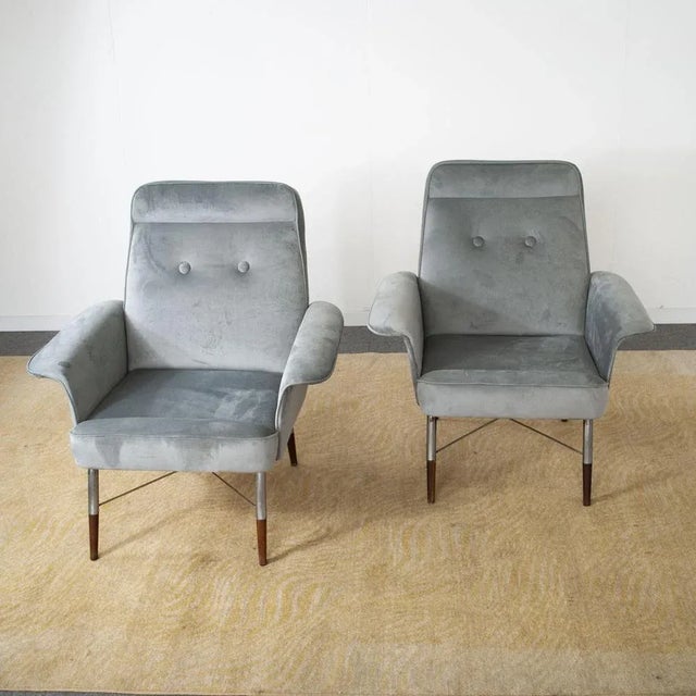 Gray Set of Italian Armchairs in Grey Velvet, 1960s For Sale - Image 8 of 9