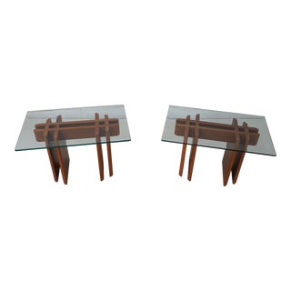 Pair Danish Modern Glass Top Teak End Tables For Sale