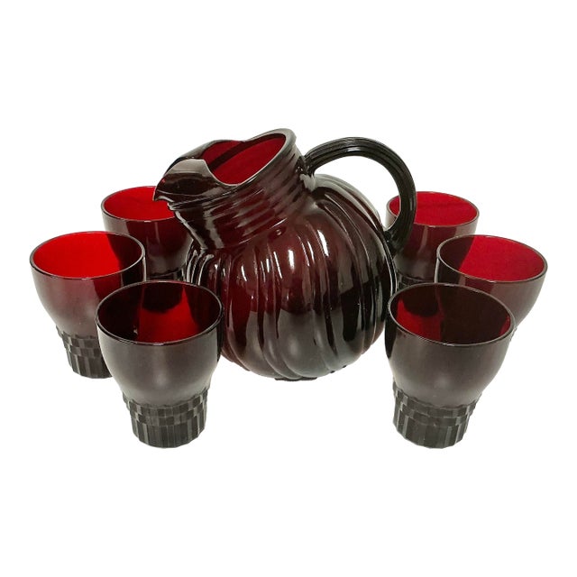 Early 20th C Antique Art Deco Boho Chic Ruby Red Glassware Set - 7 Pieces. For Sale