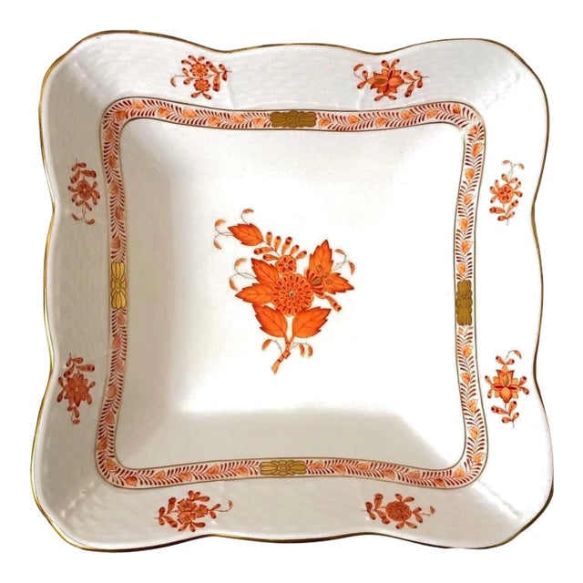 Herend Hungary Chinese Bouquet Rust 7 Inch Square Bowl Apponyi Orange 1188 Hand Painted 1970s Porcelain Fruit Dish For Sale