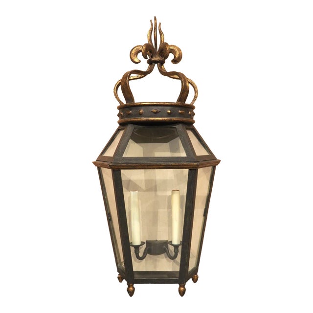 Wrought Iron and Glass Wall Lantern With Crown Finial For Sale