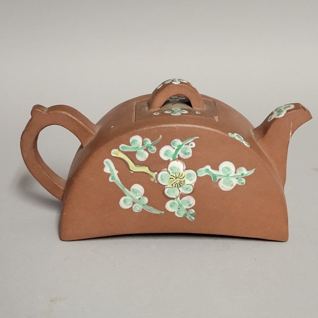 Chinoiserie Antique Chinese Yixing Enamel-Decorated Arched Teapot, Republic Period, Signed Zisha For Sale - Image 3 of 10