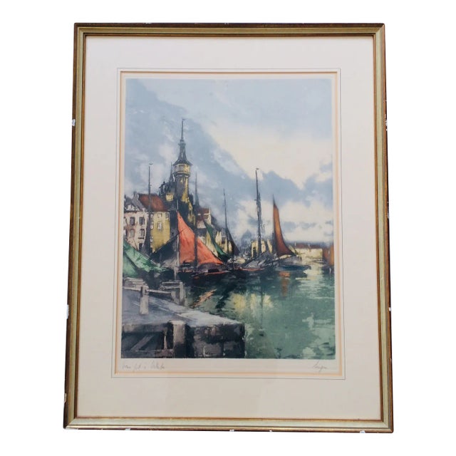 Color Etching, F. J. Luigini Vieux, Port À Ostende, Early 1900s For Sale