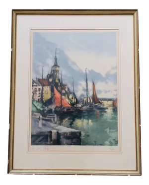 Color Etching, F. J. Luigini Vieux, Port À Ostende, Early 1900s