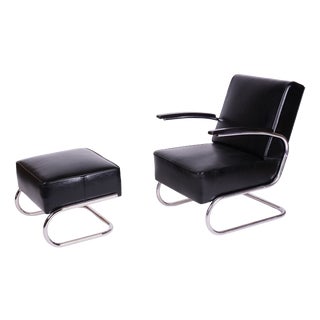Set of Art Deco Lounge Chair with Ottoman in Chromed Steel and Leather by Willem Hendrik Gispen for Mücke Melder, Czech, 1930s For Sale