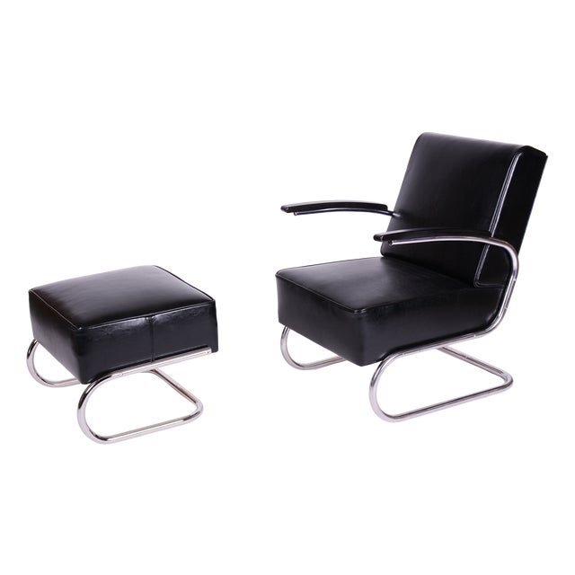 Set of Art Deco Lounge Chair with Ottoman in Chromed Steel and Leather by Willem Hendrik Gispen for Mücke Melder, Czech, 1930s For Sale