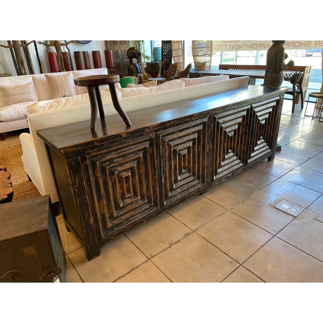 Distressed Black Square Pattern Sideboard For Sale In Los Angeles - Image 6 of 7
