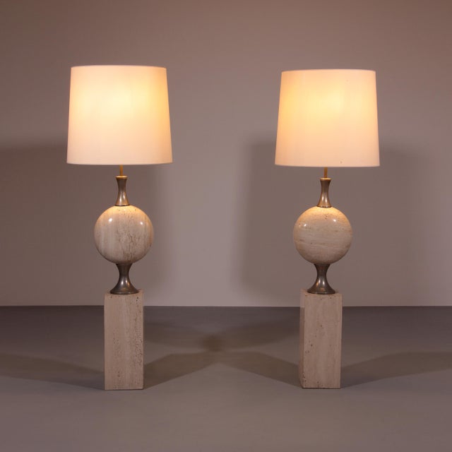 Beige Travertine Floor Lamps by Philippe Barbier for Maison Barbier, 1970, Set of 2 For Sale - Image 8 of 11