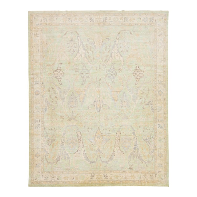 Modern Oushak Style Hand-Knotted Wool Area Rug in Soft Sage, Gold & Lavender For Sale