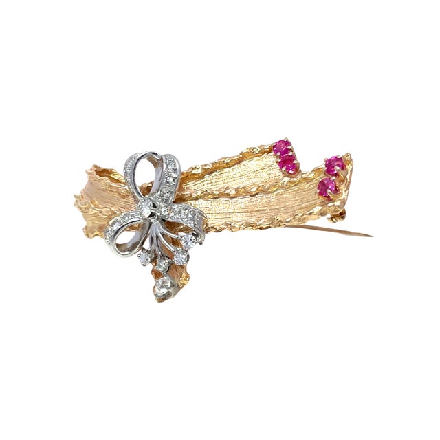 Retro 14k Yellow Gold & Platinum Diamond Ruby Floral Ribbon Bow Brooch For Sale - Image 9 of 11