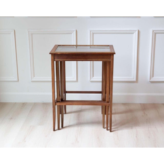 Wood Set of Three Mahogany Nesting Tables with Glass Tops, France, Mid-20th Century For Sale - Image 7 of 17