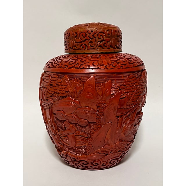 Late 19th Century Antique Chinese Red Lacquer Covered Jar For Sale - Image 5 of 12
