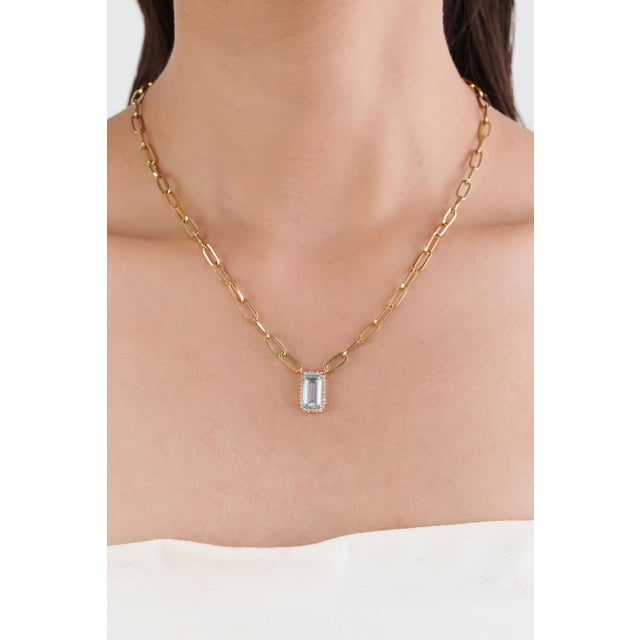 Not Yet Made - Made To Order 2.26ct Emerald-Cut Aquamarine & Diamond Halo Paperclip Chain Necklace in 14k Gold For Sale - Image 5 of 16