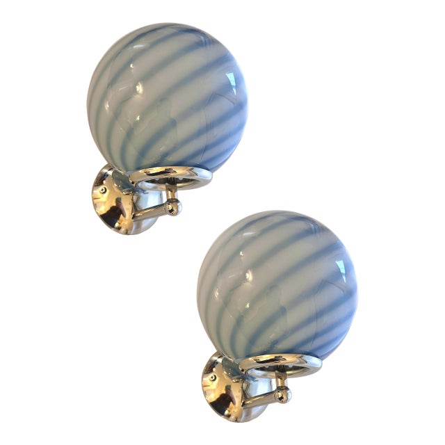 Contemporary Blue Swirl “Rods” Murano Glass Wall Sconces-Set of Two For Sale
