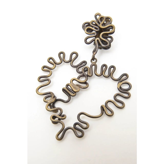 Modern Vintage Hand Wrought Brass Sculptural Heart Shaped Clip on Dangle Earrings Pair Of For Sale - Image 3 of 8