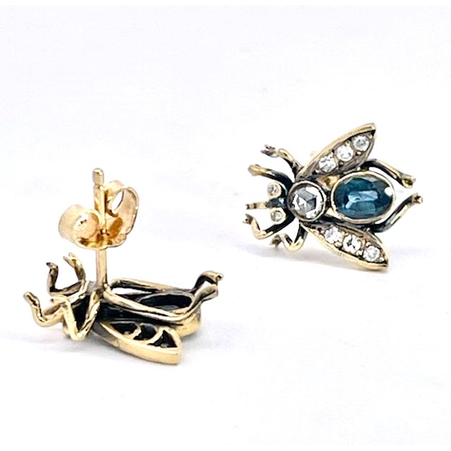 Antique Gold and Silver Bee Earrings With Sapphires and Diamonds, Pair For Sale - Image 9 of 13