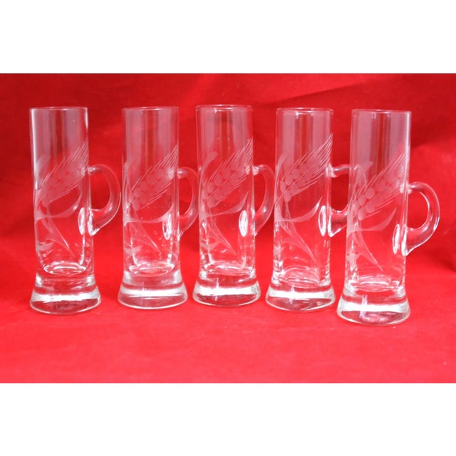 Mid Century Hand Blown Crystal Etched Vodka Cordial Glasses With Applied Handles- Set of 5 For Sale In West Palm - Image 6 of 12