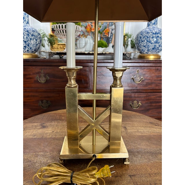 Vintage Mid to Late Twentieth Century Solid Brass Angular Bouillotte Lamp With Green Metal Shade, Attributes to Frederick Cooper. For Sale - Image 6 of 8