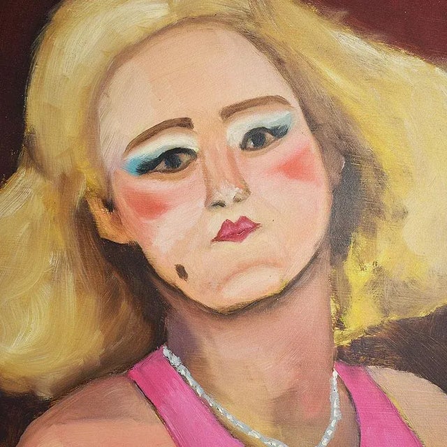 Paper Original Expressionist Portrait Painting of a Woman in Pink - 16" X 12" - Signed For Sale - Image 7 of 8
