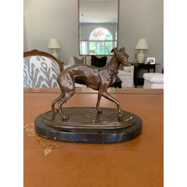 Handsome bronze statue of a Whippet mounted on dark chocolate marble base. Signed by French sculptor Pierre Jules Mene...
