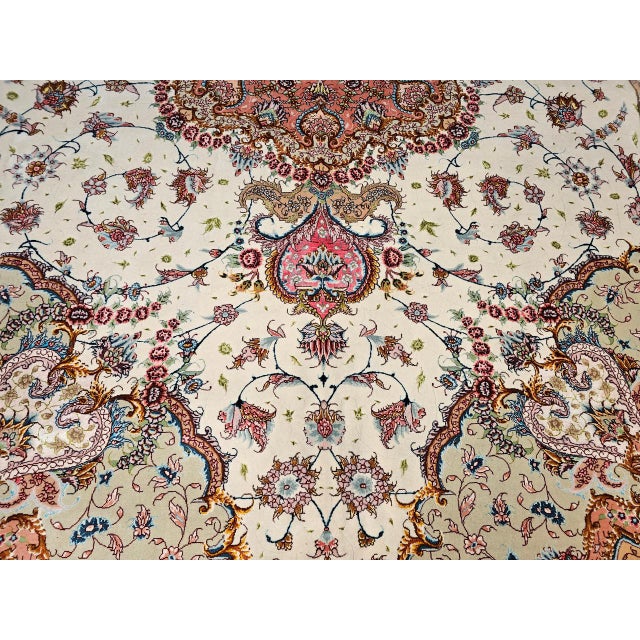 Vintage Tabriz Rug, Hand-Knotted Wool & Silk, Floral Pattern, Ivory & Pink, 8x12 For Sale - Image 17 of 18