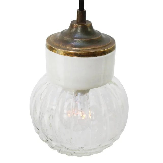 Mid-Century Modern Vintage Industrial White Porcelain, Clear Glass and Brass Pendant Lamp For Sale - Image 3 of 8