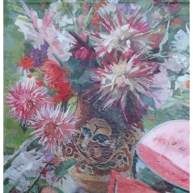 Vintage Still-Life Oil Painting: Flowers and Watermelon, Ukrainian Art 1970s For Sale - Image 4 of 6
