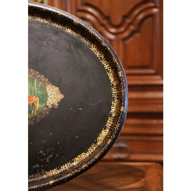 Metal 19th Century French Napoleon III Oval Tole Tray With Hand Painted Medallion For Sale - Image 7 of 9