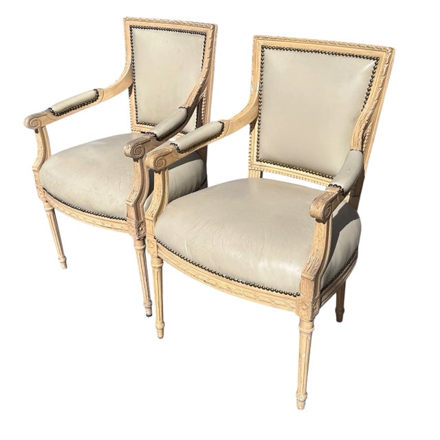 French Pair of French 19th C Directoire Re-Painted Fauteuil Arm Chairs For Sale - Image 3 of 4