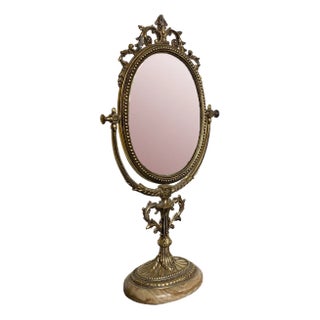 Vintage Victorian Brass Table Mirror on Marble Base, 1950s For Sale