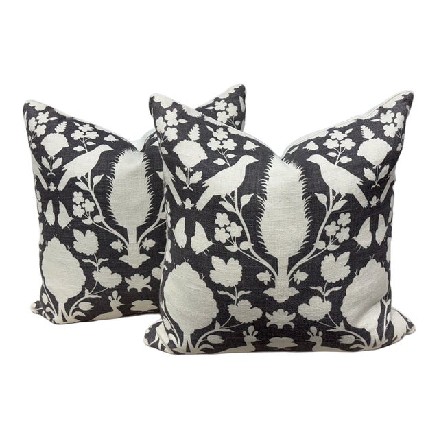 Schumacher Chenonceau Botanical Bird Throw Pillows, Pair For Sale