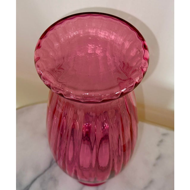 Contemporary Ribbed Cranberry Pink Glass Vase - 16 Inches Tall For Sale - Image 10 of 10