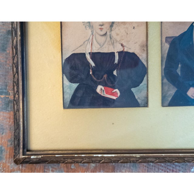 Mid 19th Century 19th Century Folk Art Americana Miniature Double Portrait Water Color Paintings For Sale - Image 5 of 12