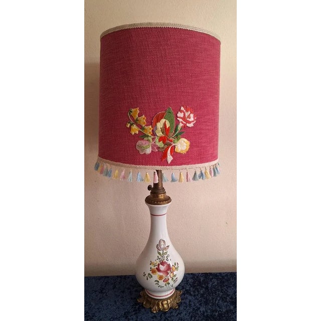 Vintage White Ceramic and Bronze Table Lamp with Colored Flower Decor and Handmade Fabric Shade, 1980s For Sale - Image 4 of 9