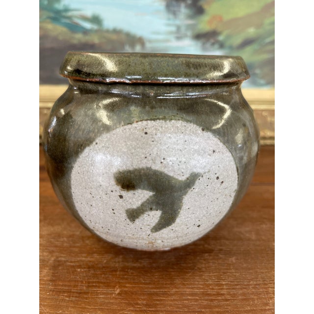 Vintage Studio Pottery Jar With Glazed Bird Silhouette and Earthy Green Finish For Sale - Image 4 of 9