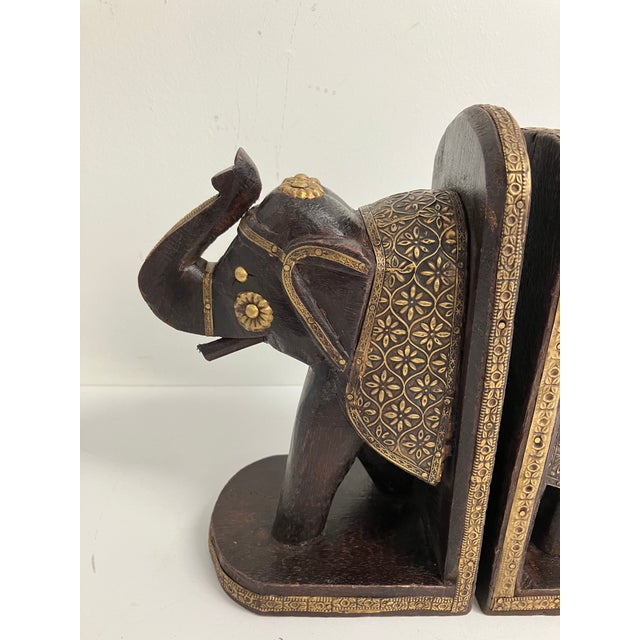 Vintage Carved Wooden Elephant Bookends With Brass Inlay – Pair For Sale - Image 4 of 10