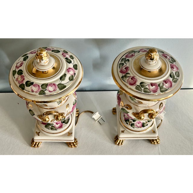 Ceramic Vtg. Pair of Italian Charleston Line Porcelain Lidded Lamp W/Roses For Sale - Image 7 of 13